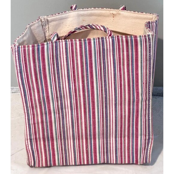 Longaberger Striped Canvas Fabric Tote Floral Basket Embroidery Pocket Church Vt - Picture 3 of 8